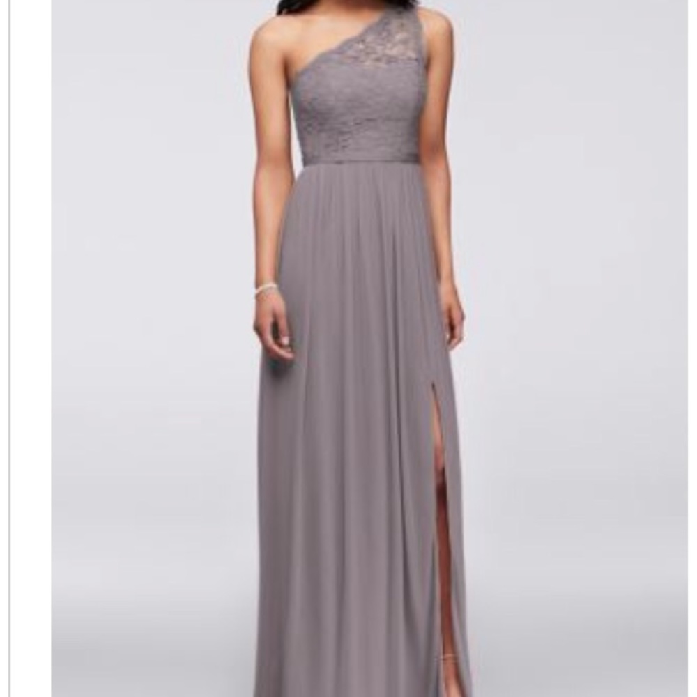 David’s Bridal long gray one shoulder dress